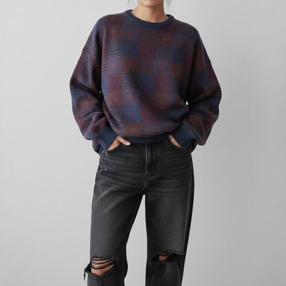 Wool Blend 90s Dark Academia Grandpa Sweater Artsy Geometric Jacquard Knit XL - Picture 1 of 10